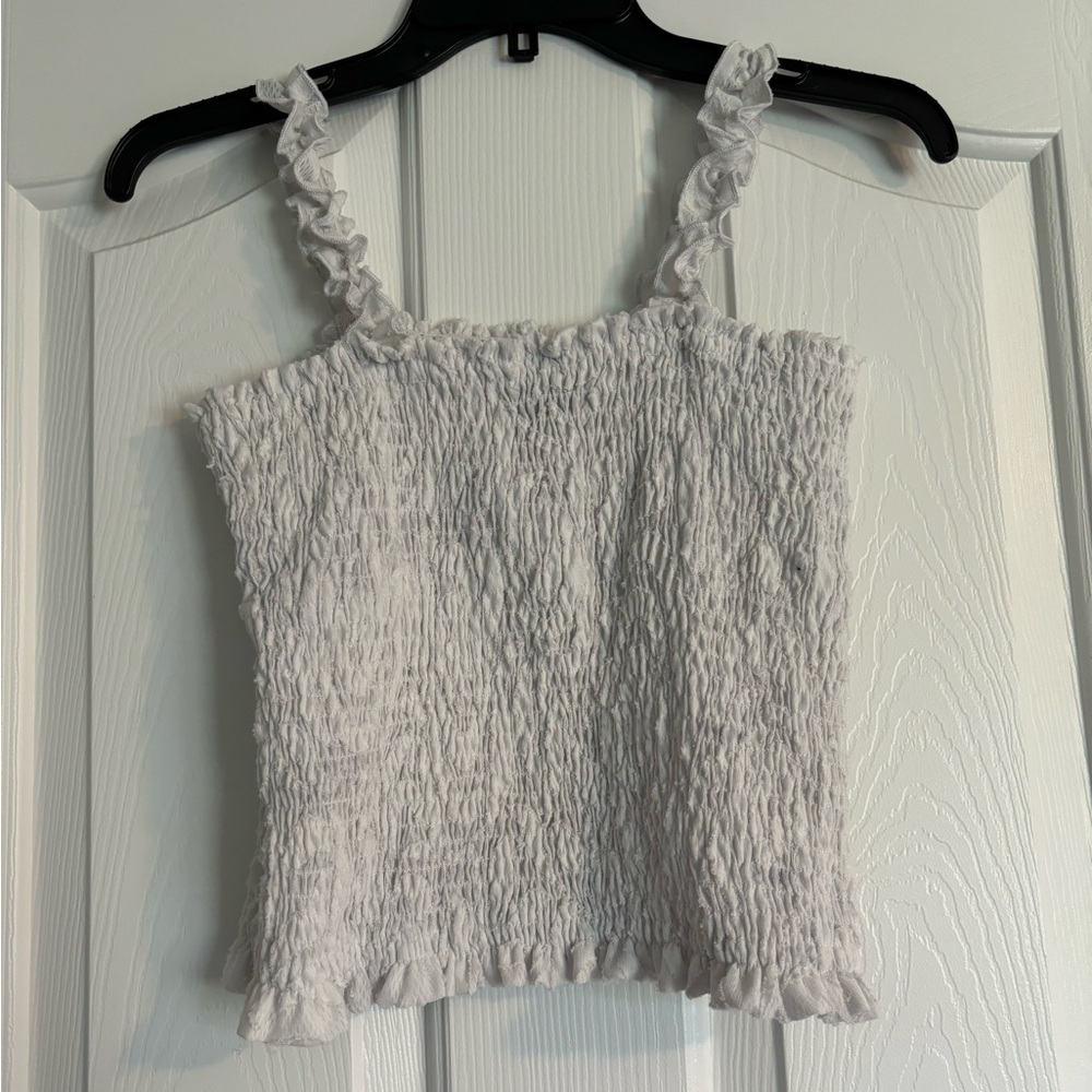 Paper Crane White Smocked Ruffled Tank Top